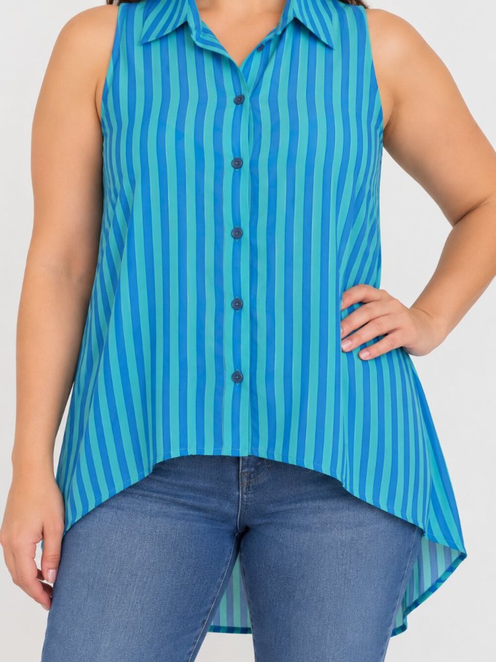 Sheer Luck Blue Green Striped Rayon Sleeveless Hi Low Blouse L